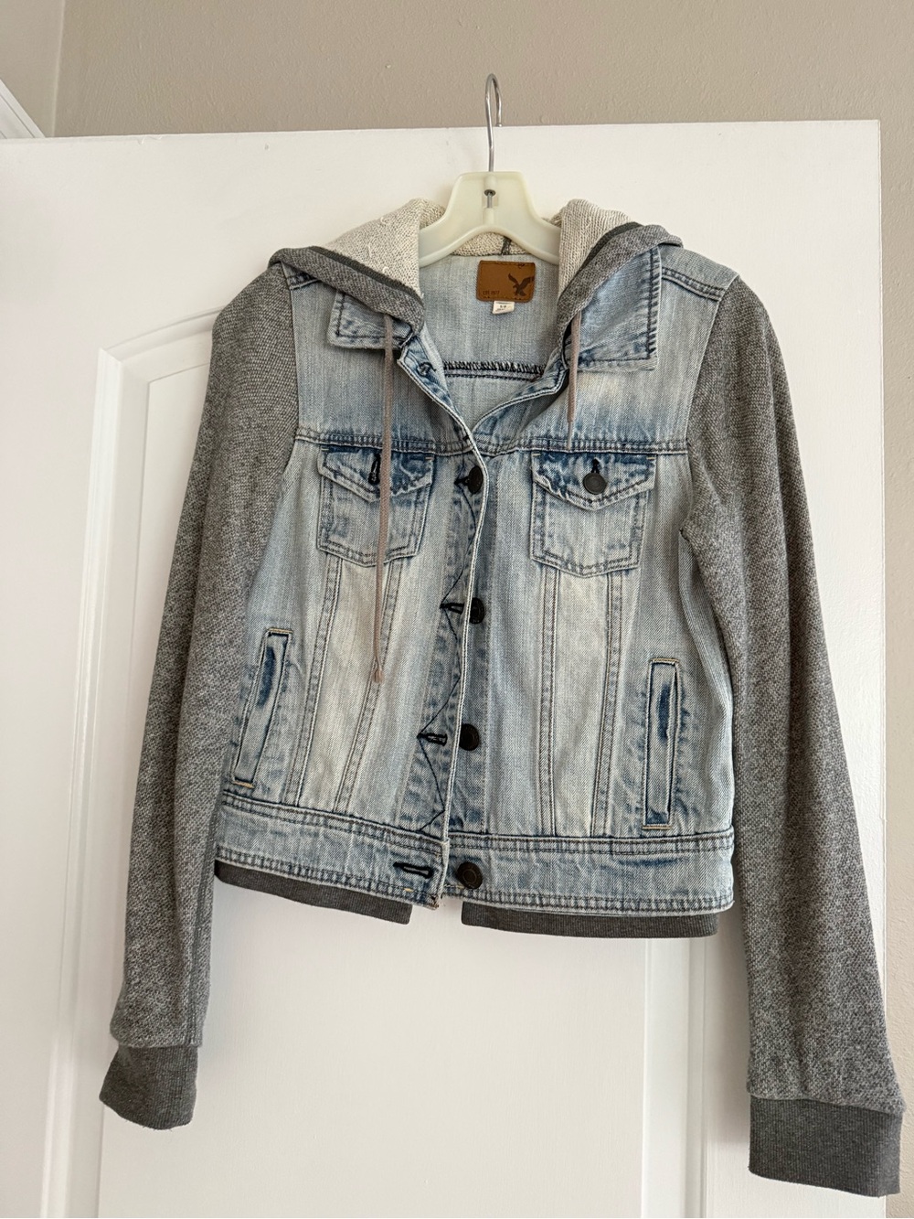 American Eagle Outfitters Light Blue Denim Jacket with Gray Hoodie Sleeves